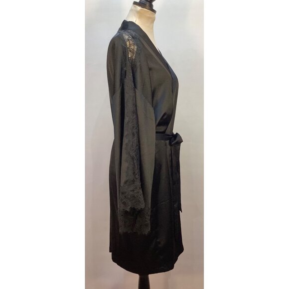 Victorias Secret XL-XXL Black Satin Robe With Lace Trim Elegant Luxury - Picture 2 of 7